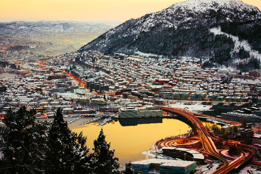 bybilde, ovenfra, Bergen, vinterlandskap