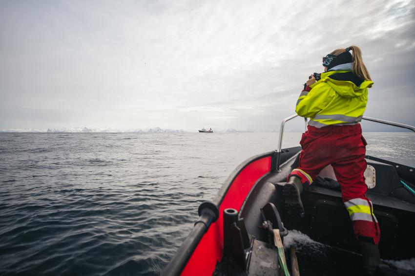 Kvinne i baugen p&aring; en b&aring;t, speidende ut over havet