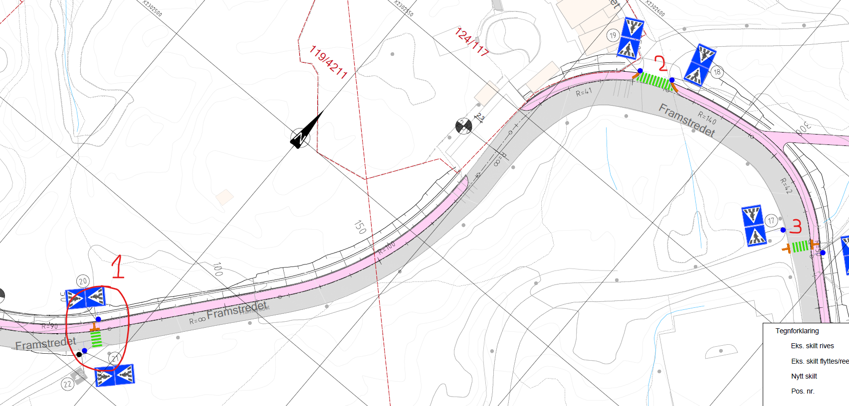 Bildet viser hvor veiarbeidet vil finne sted og hvor det vil bli malt fotgjengerfelt.