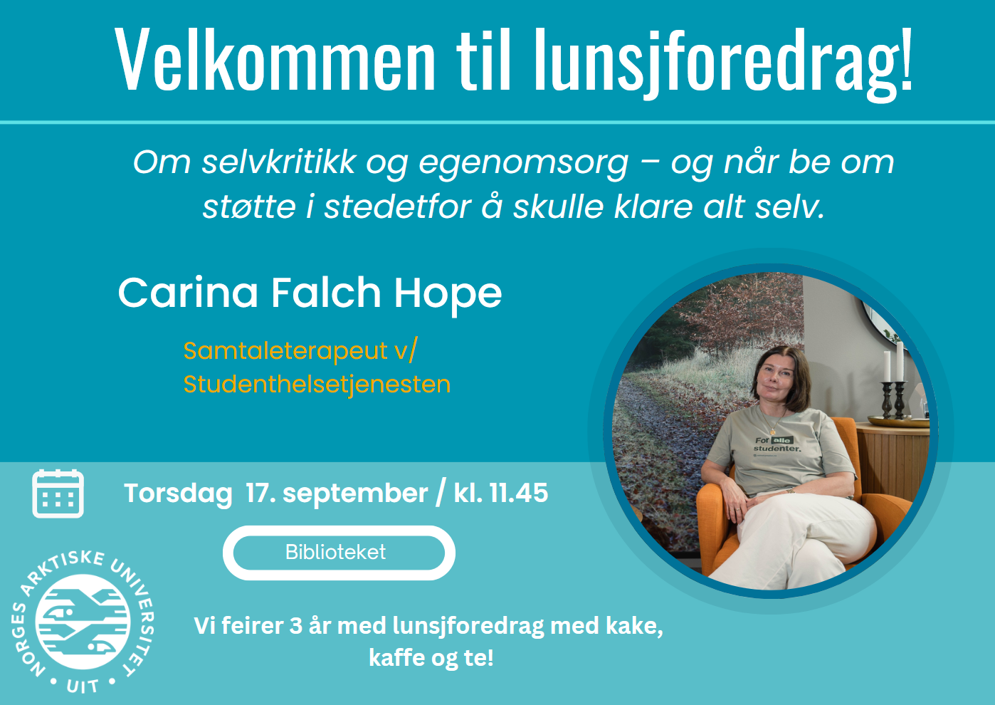 Illustrasjons-/bannerbilde for Lunsjforedrag 17.09 / Om selvkritikk og egenomsorg – og når be om støtte i stedetfor å skulle klare alt selv.
